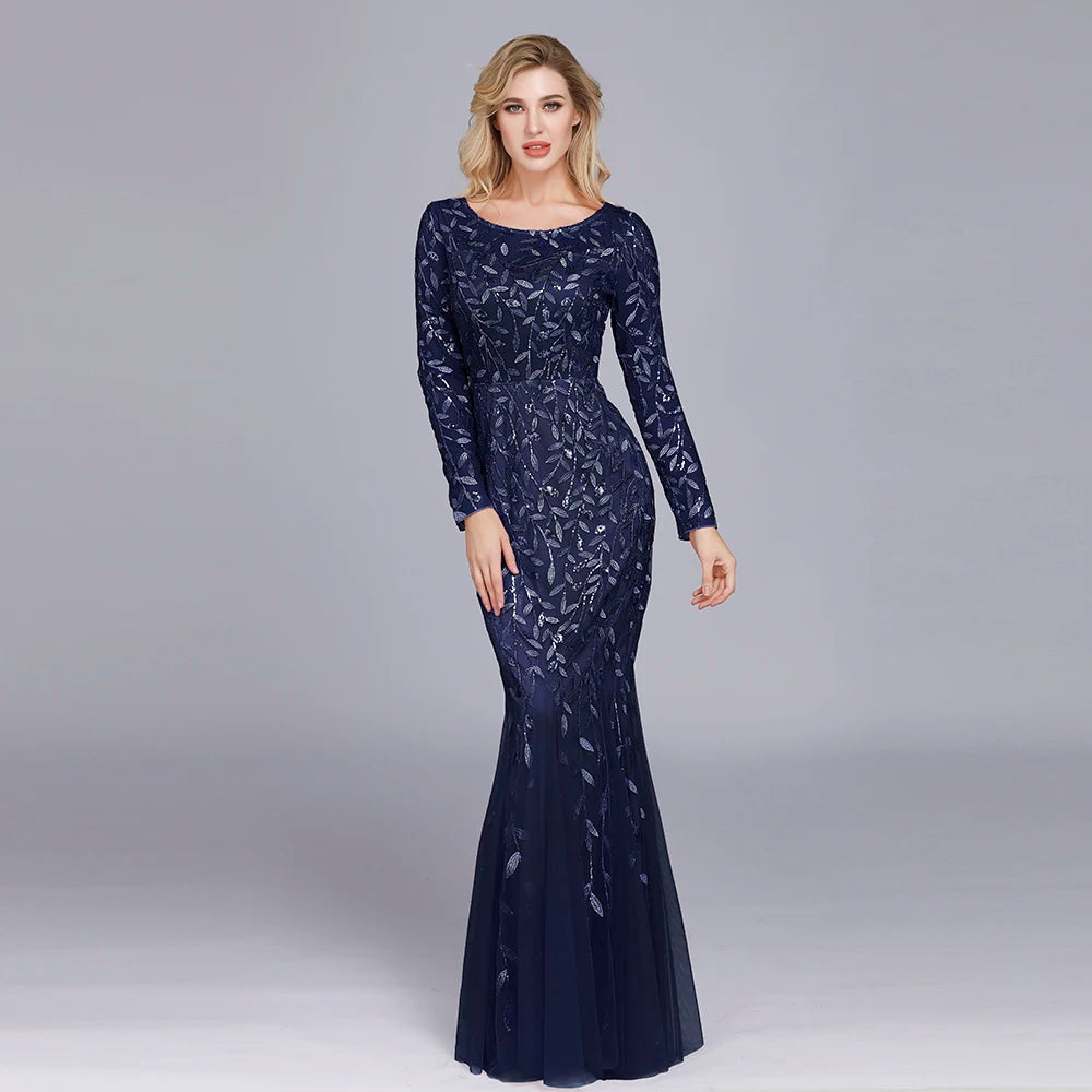 Evening Elegant Formal Dress  O-Neck Full Sleeve Lace Long Party Gown Robe