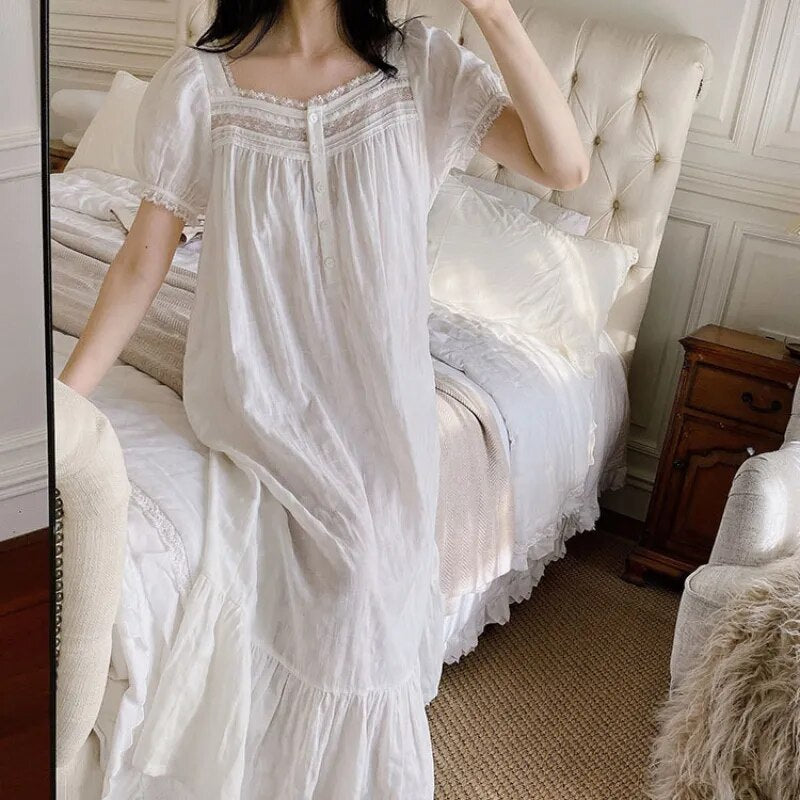 Pure Cotton Victorian Night Dress Women White Short Sleeve Long Robe  Nightgowns Princess Sleepwear