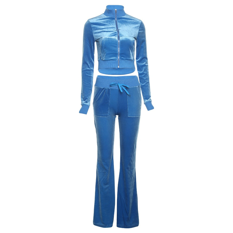 Velvet Casual Women Tracksuit 2 Piece Set Long Sleeve Zipper Sweatshirt Top+Bandage Straight Pants