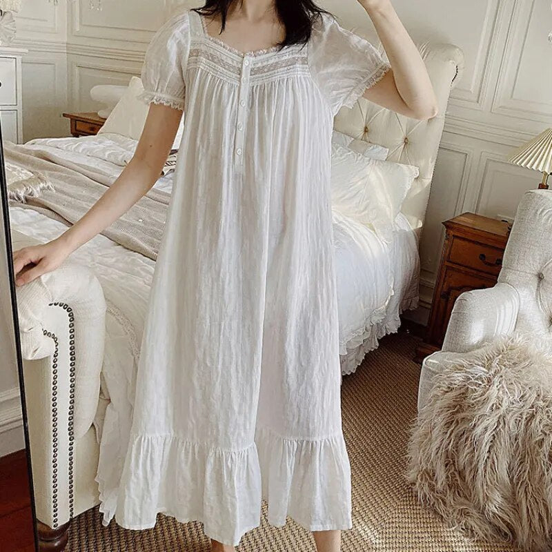 Pure Cotton Victorian Night Dress Women White Short Sleeve Long Robe  Nightgowns Princess Sleepwear