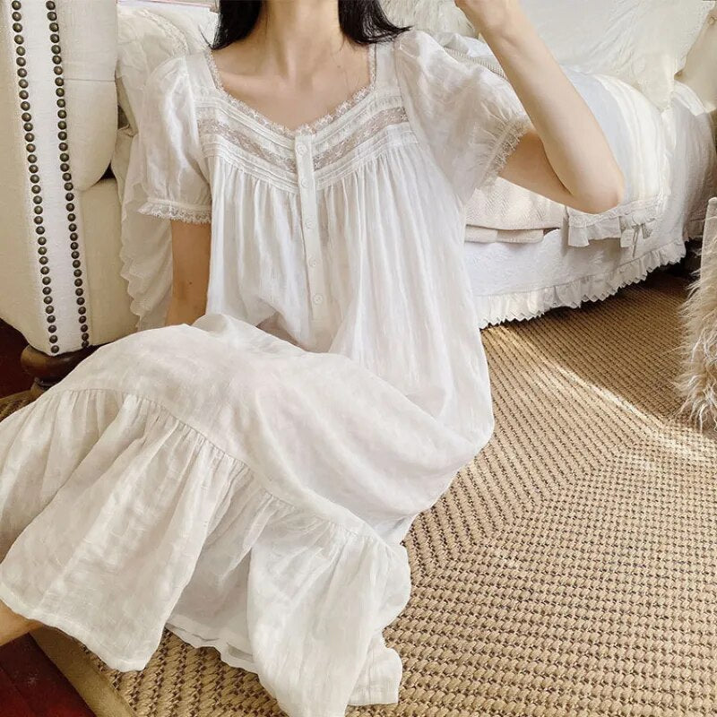 Pure Cotton Victorian Night Dress Women White Short Sleeve Long Robe  Nightgowns Princess Sleepwear