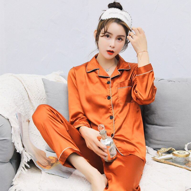 Solid Color Sleepwear Silk Satin Pajamas couple Set Long Button-Down Pyjamas Suit for Men and  Women