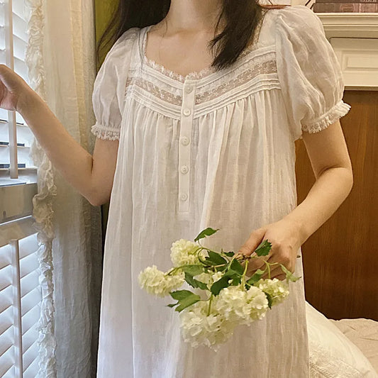 Pure Cotton Victorian Night Dress Women White Short Sleeve Long Robe  Nightgowns Princess Sleepwear