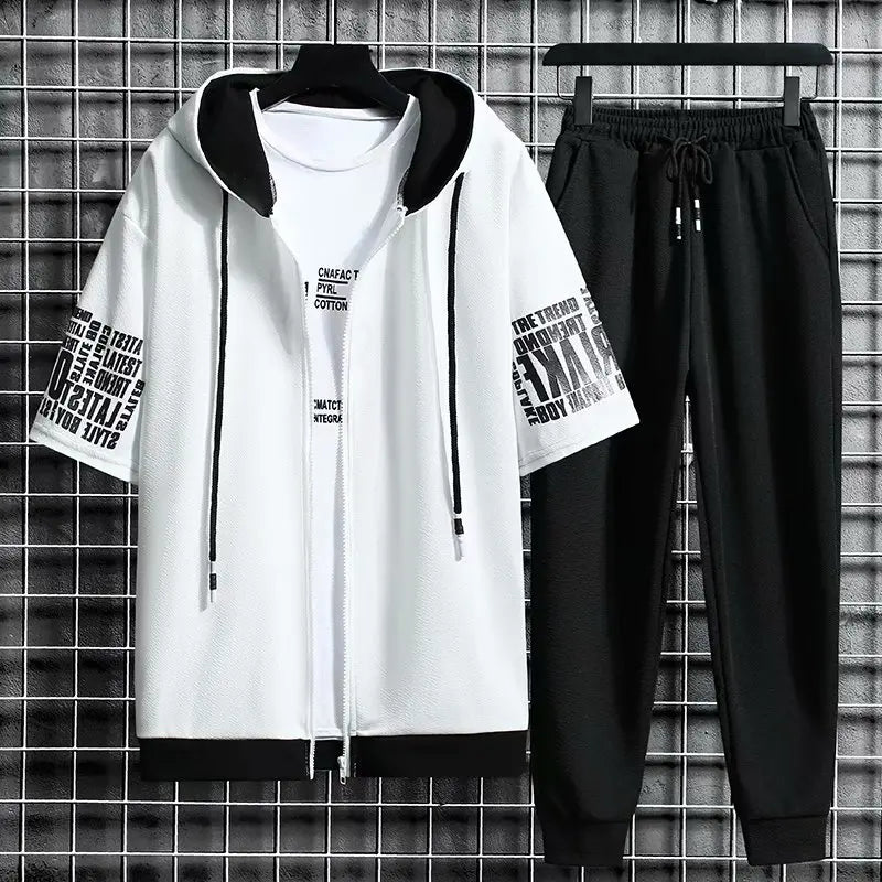 Men's Sets Hooded Zipper Short Sleeve Tops+ Elastic Waist Korean Streetwear Tracksuit