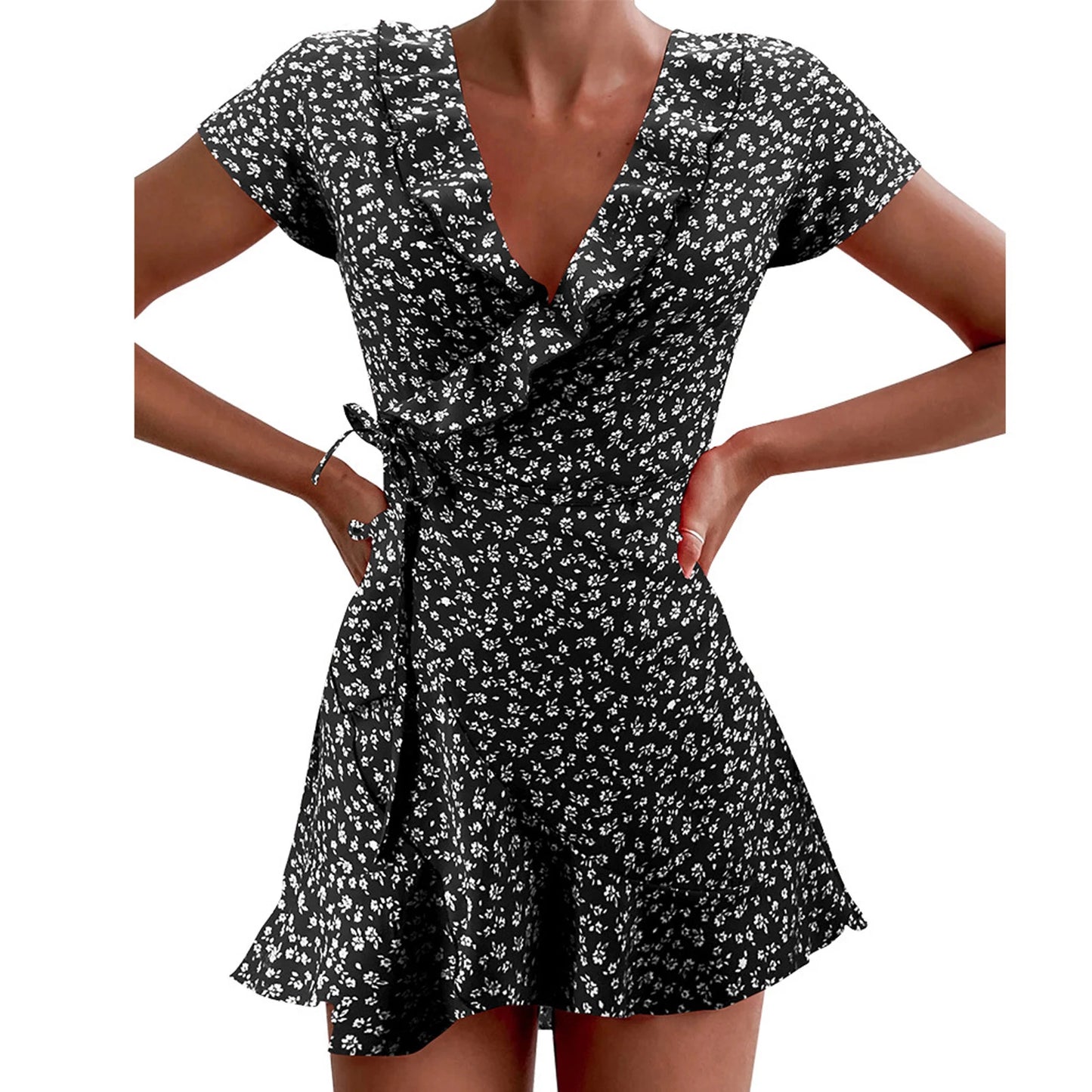 Women’s Short Sleeve V-neck Dress Wrap Summer Elegant Floral Ruffles