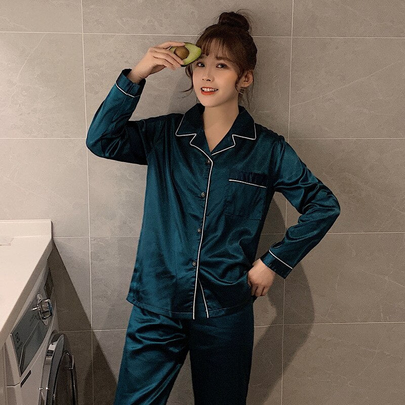 Solid Color Sleepwear Silk Satin Pajamas couple Set Long Button-Down Pyjamas Suit for Men and  Women