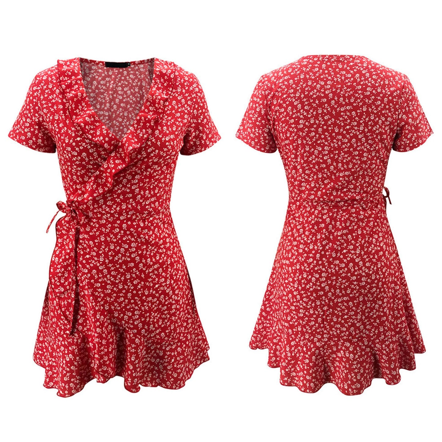 Women’s Short Sleeve V-neck Dress Wrap Summer Elegant Floral Ruffles