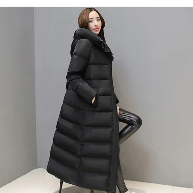 Women's super long down jacket Warm winter puffer Thick coat Hooded zipper