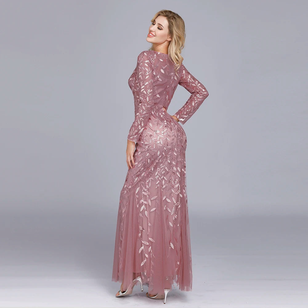 Evening Elegant Formal Dress  O-Neck Full Sleeve Lace Long Party Gown Robe