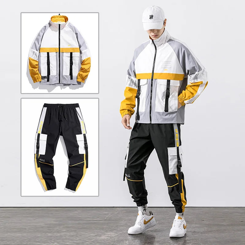 Hip Hop Sweatsuit Suit Men's Tracksuit Jacket+Pants Loose Zipper  Sportswear Set