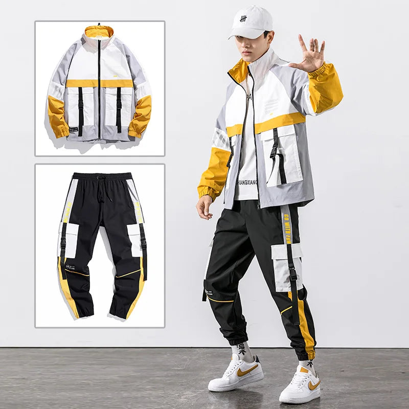 Hip Hop Sweatsuit Suit Men's Tracksuit Jacket+Pants Loose Zipper  Sportswear Set