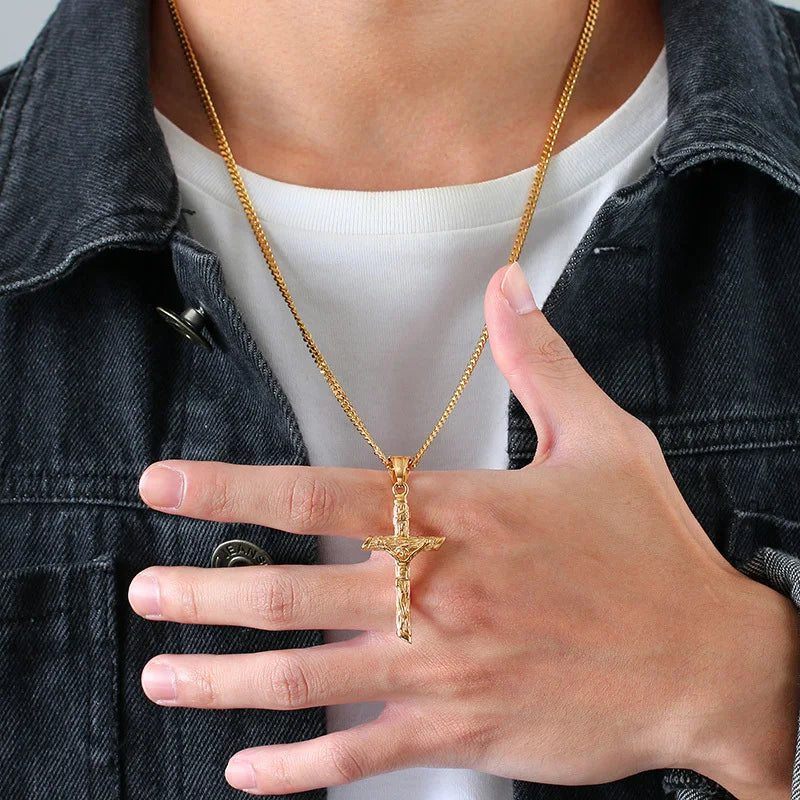 Vnox Cross Unisex Necklace Jesus Pendant,Gold Color Stainless Steel