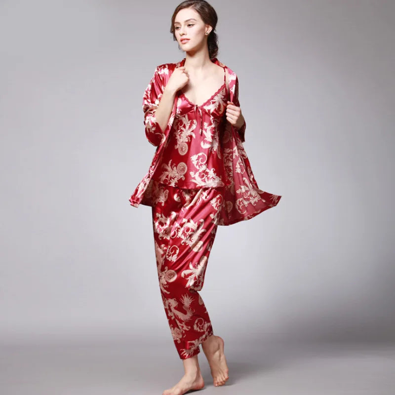 Women Silk Sexy Summer Lingerie Satin Dragon Long Sleeve  Korean Three Piece Pajama Sets Gown