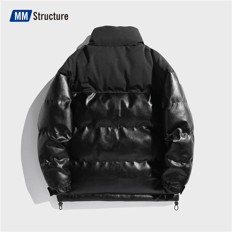 Hip Hop Leather Padded Jacket  New Korean trendy Warm Stand Collar Puffer  Fashion  Jackets for men