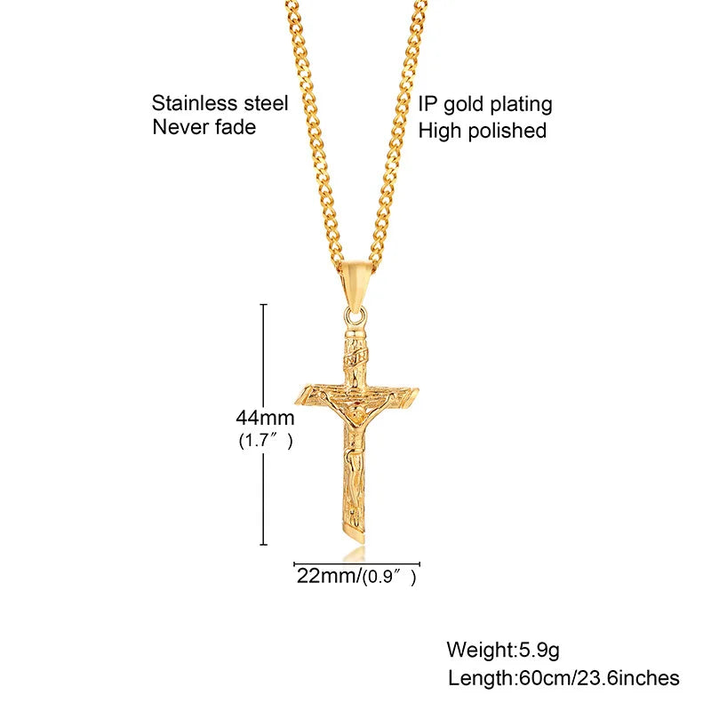 Vnox Cross Unisex Necklace Jesus Pendant,Gold Color Stainless Steel