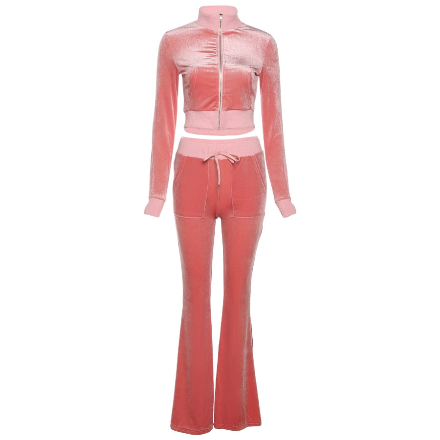 Velvet Casual Women Tracksuit 2 Piece Set Long Sleeve Zipper Sweatshirt Top+Bandage Straight Pants