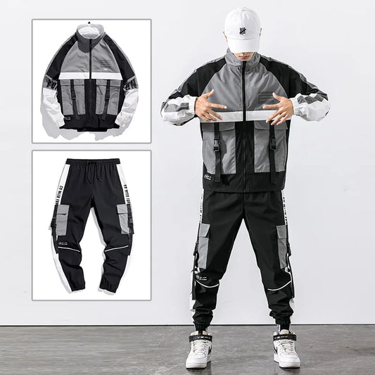 Hip Hop Sweatsuit Suit Men's Tracksuit Jacket+Pants Loose Zipper  Sportswear Set