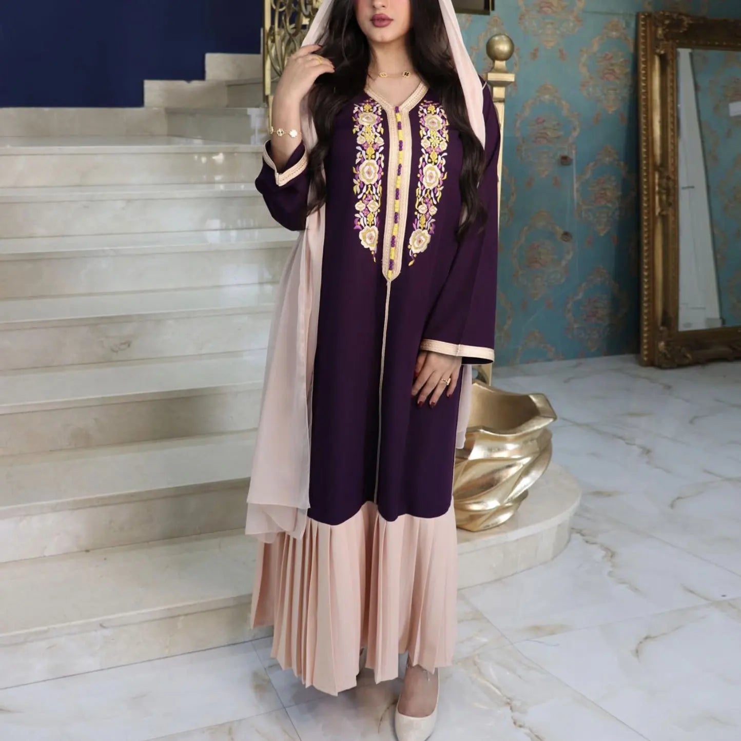 Muslim Dress Loose Size Dubai Middle East Maxi Long Elegant Abaya Purple Dress