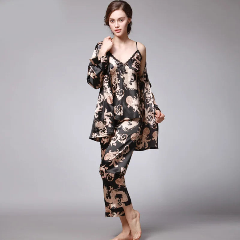 Women Silk Sexy Summer Lingerie Satin Dragon Long Sleeve  Korean Three Piece Pajama Sets Gown