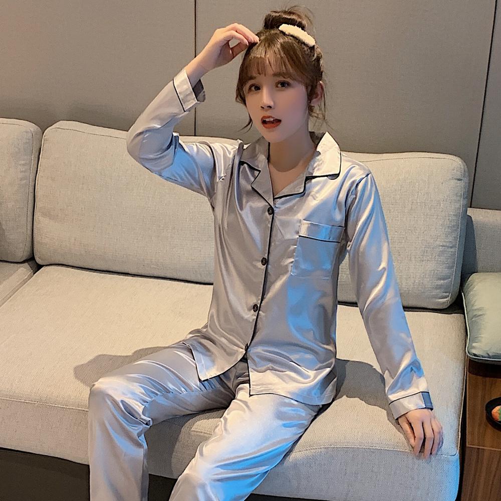 Solid Color Sleepwear Silk Satin Pajamas couple Set Long Button-Down Pyjamas Suit for Men and  Women