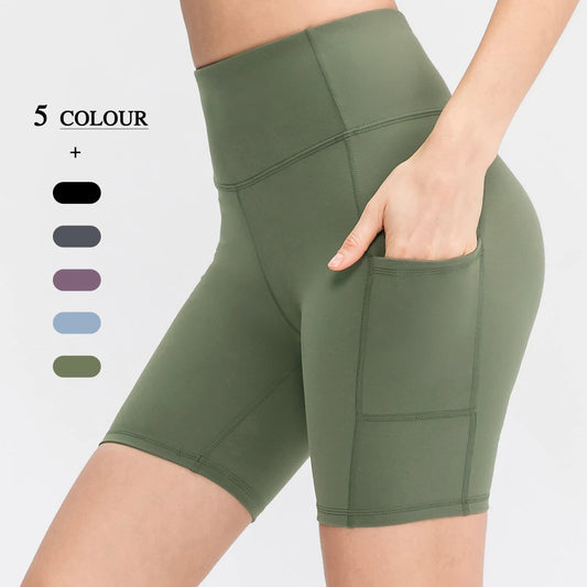 Women's Shorts Solid Elastic Sport's High Waist Shorts With Pocket