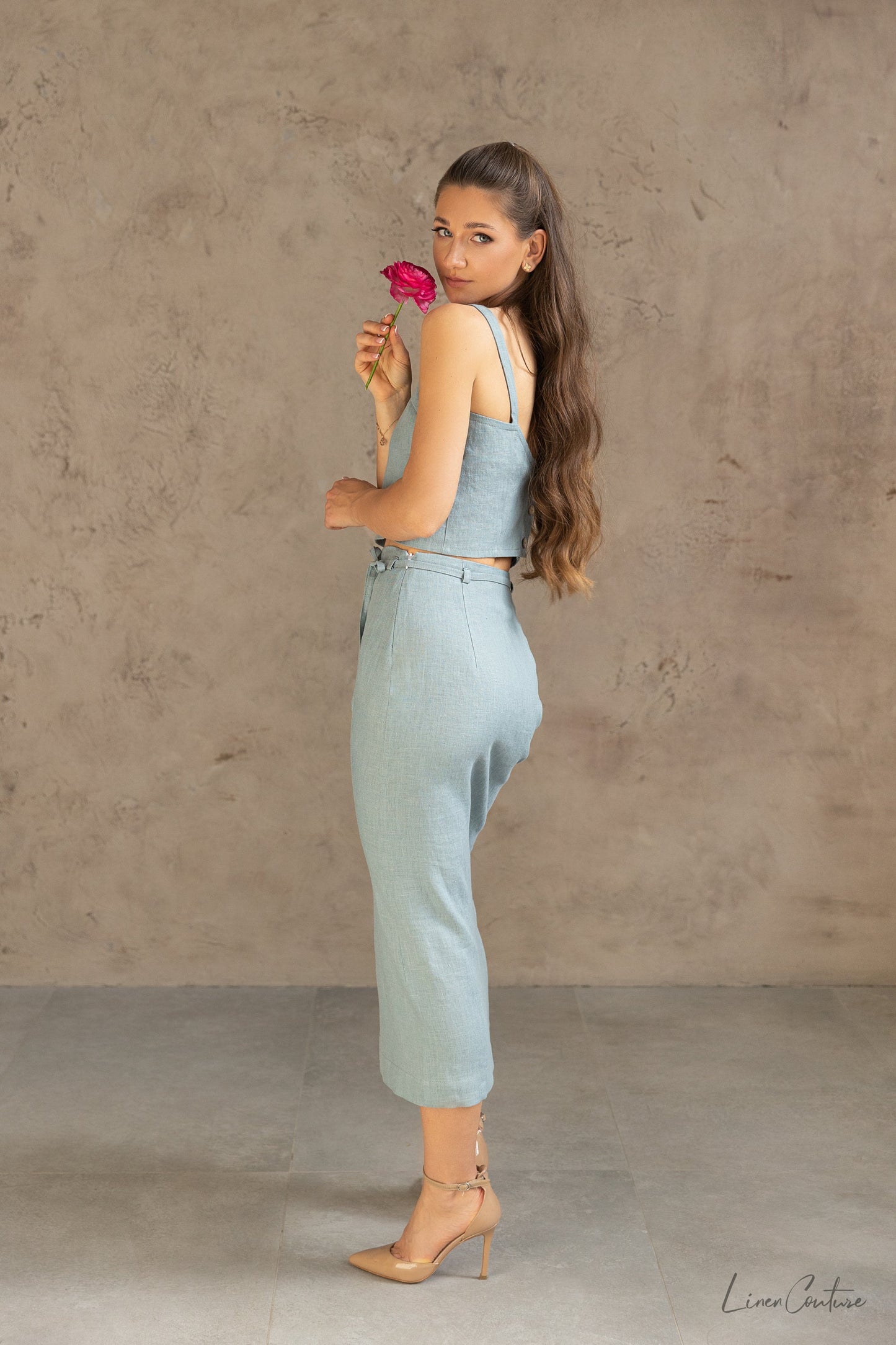 Bella Vita Set in Greyish Mint | Linen Crop Top and Midi Skirt