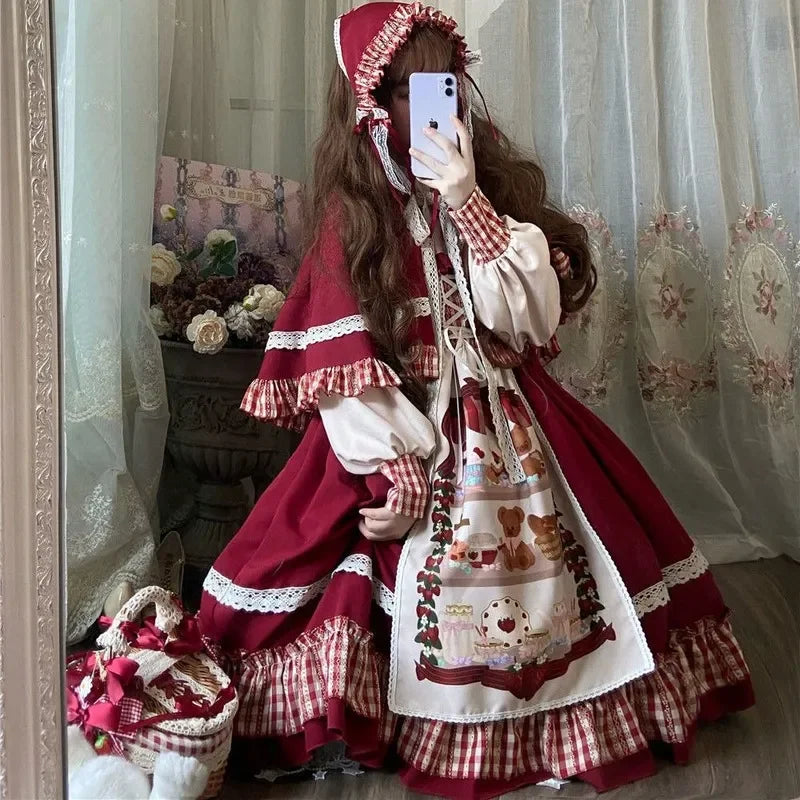 Kawaii Christmas Lolita Dress: Red Ruffle Long Sleeve