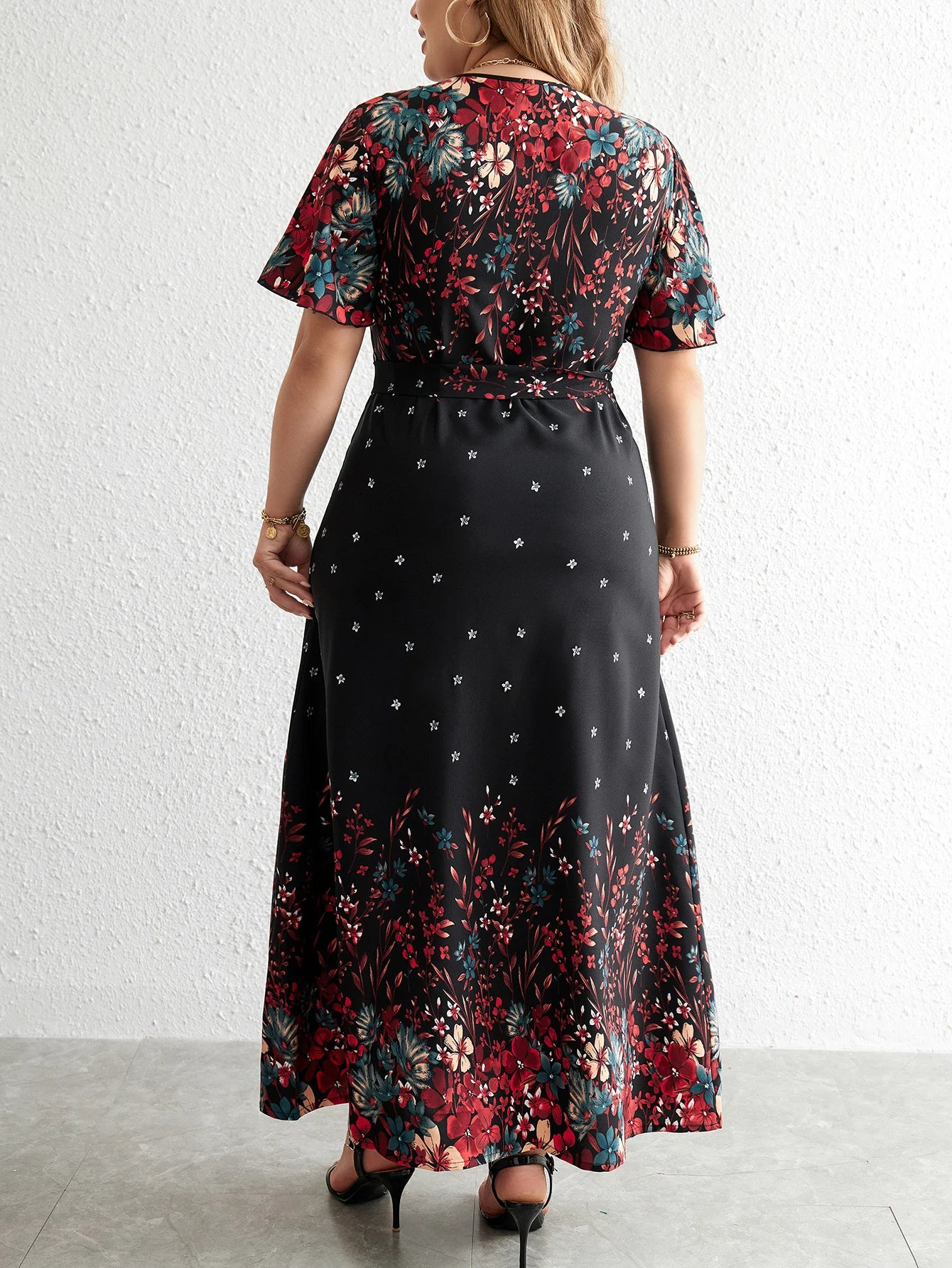 Plus Size Women's Summer V-Neck Short Sleeve Floral Print Long Dress