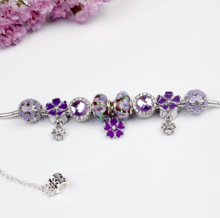 Purple Lavender Flower Pendant Hand Assembled Stained Glass Bead Bracelet For Women