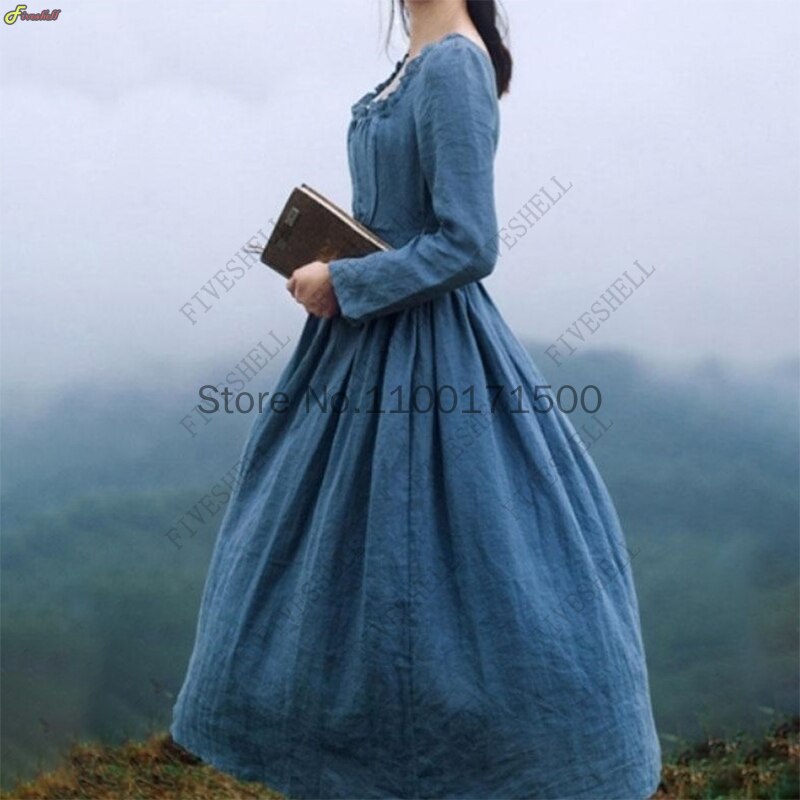 Women Medieval Victorian Retro Dress Square Collar Long Sleeves High Waist French Apparel Long Dress