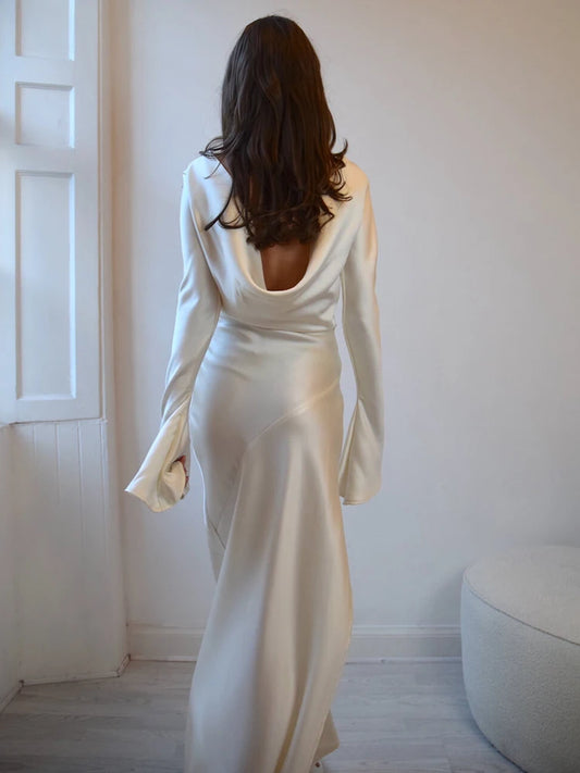 Elegant Christmas Evening Dress: Long Sleeve Satin Maxi