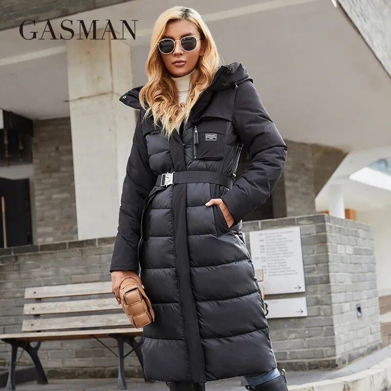 Women's Long Fashion winter down jackets Zipper pocket with belt parka high quality outwear