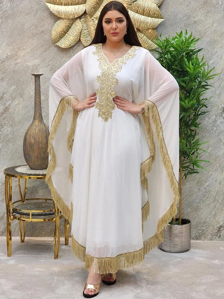 Muslim Arab Robes Abaya Middle East Woman Dress Sleeve Tassels Embroidery Kaftan Long Dress