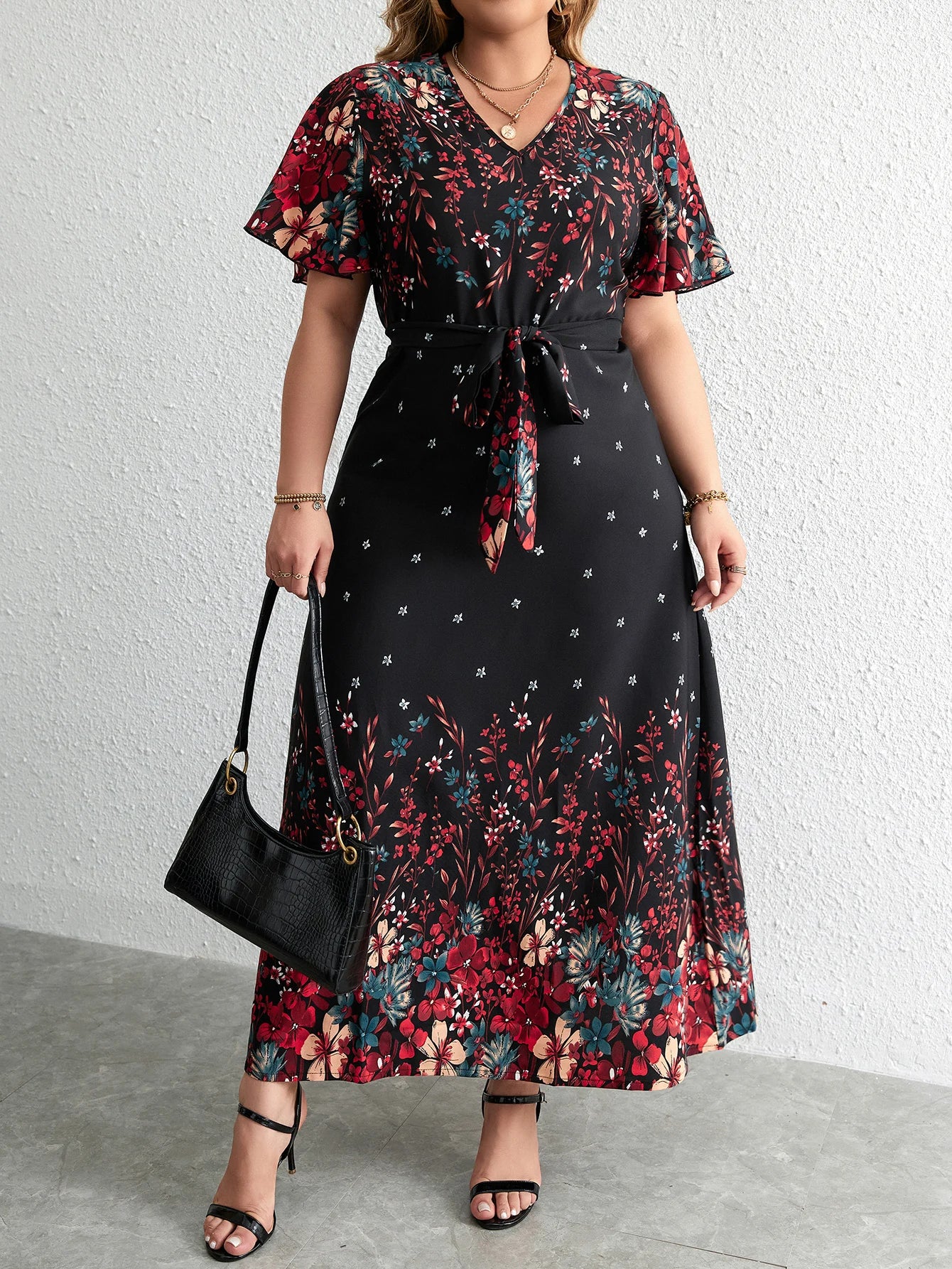 Plus Size Women's Summer V-Neck Short Sleeve Floral Print Long Dress