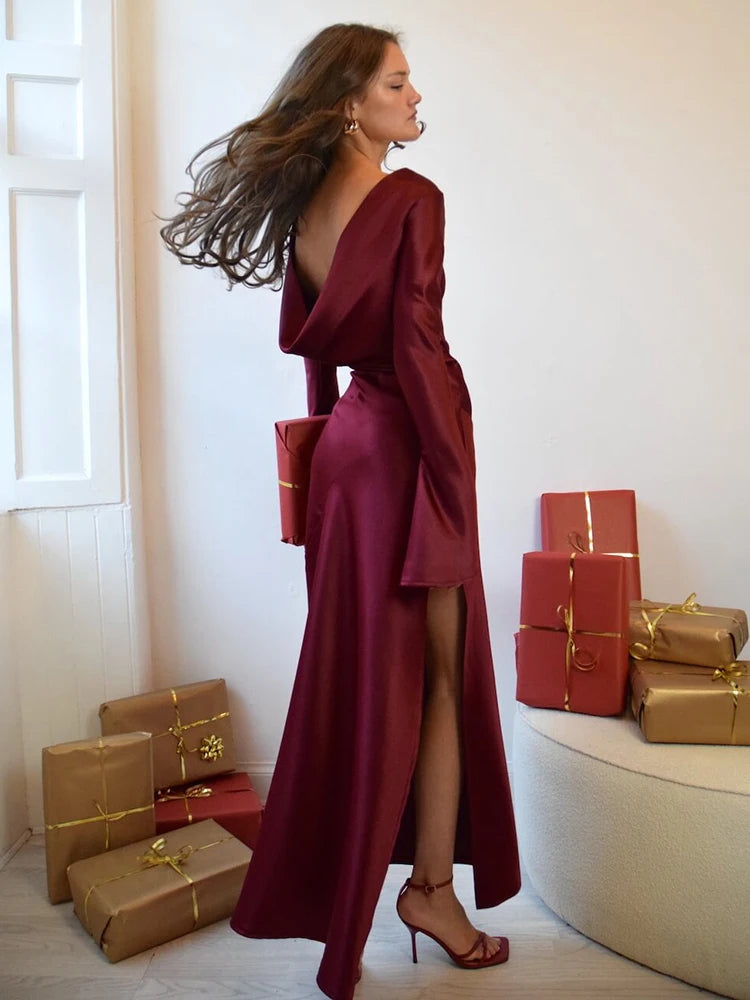 Elegant Christmas Evening Dress: Long Sleeve Satin Maxi