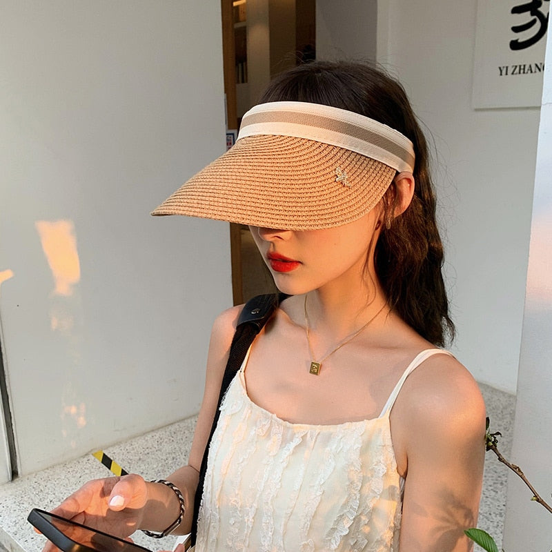 Empty Top Straw Hat Travel Sunshade Sun Hat  Trendy Superlite Beach Foldable Roll Up Cruise Wear large Visor Cap For Women