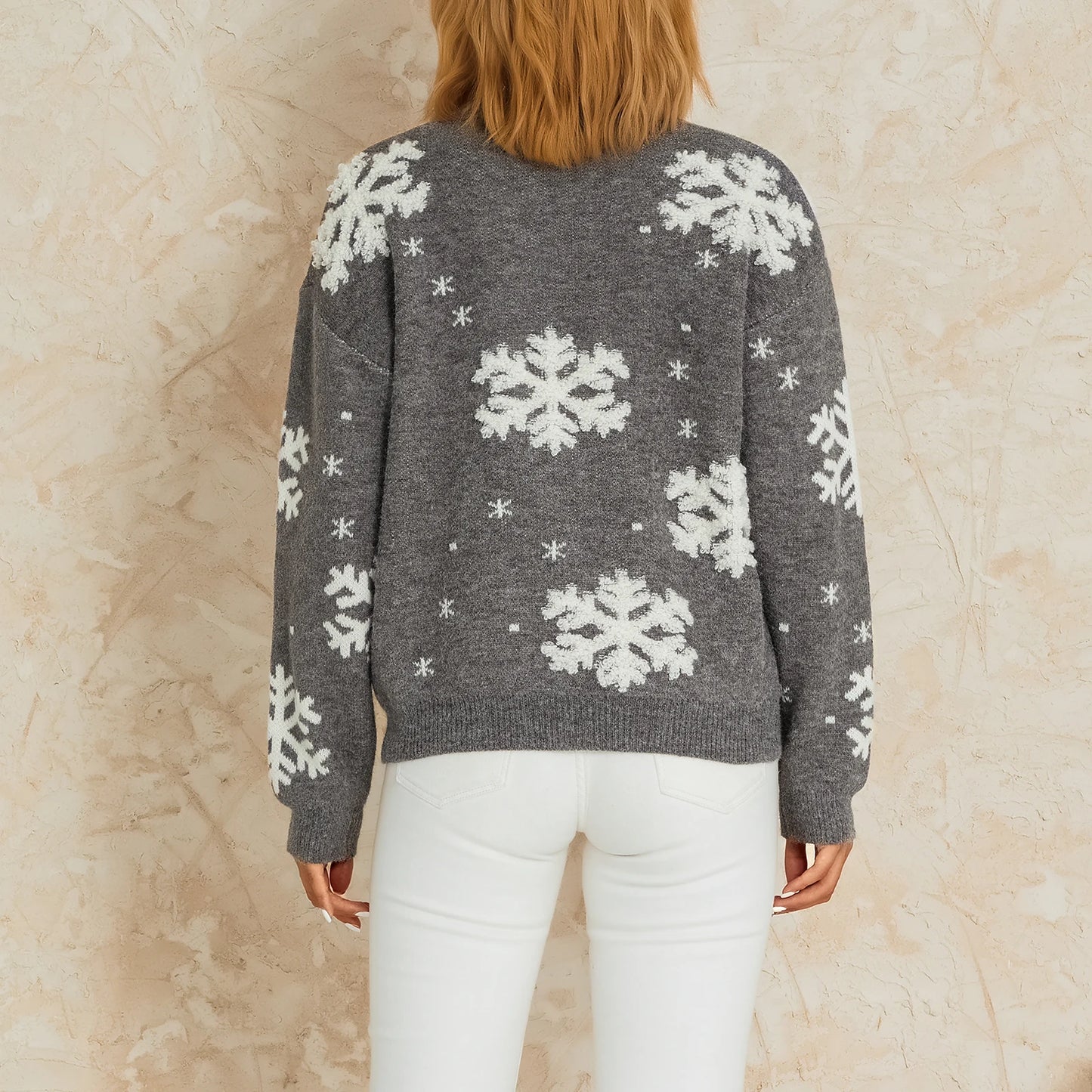 Women’s Knit Fluffy Wool Sweater - Heng Shun Rui, Snowflake Print, Casual Christmas