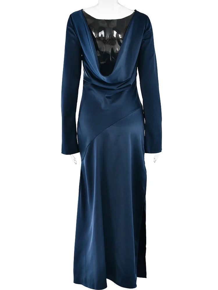 Elegant Christmas Evening Dress: Long Sleeve Satin Maxi