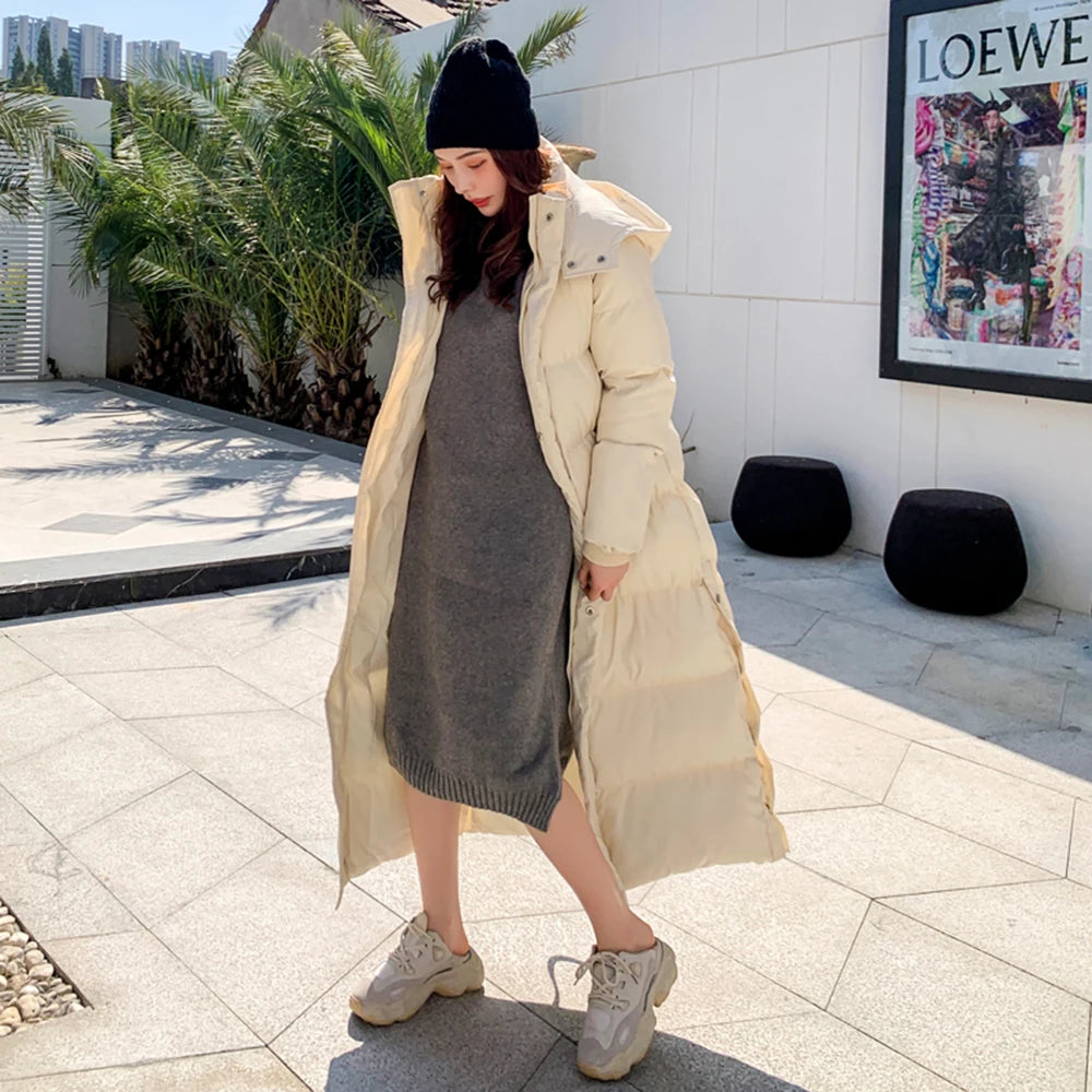 Women Down Coat Cotton Padded New Korean Design Ankle Length Thicken Warm Hooded Overcoat