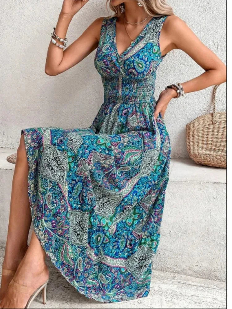 Women's Summer Boho Dress Fashion Sleeveless Print Dresses