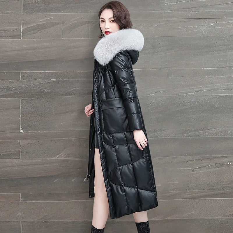 Genuine Leather Jacket Women's Down Jacket Elegant Mid-length Coat