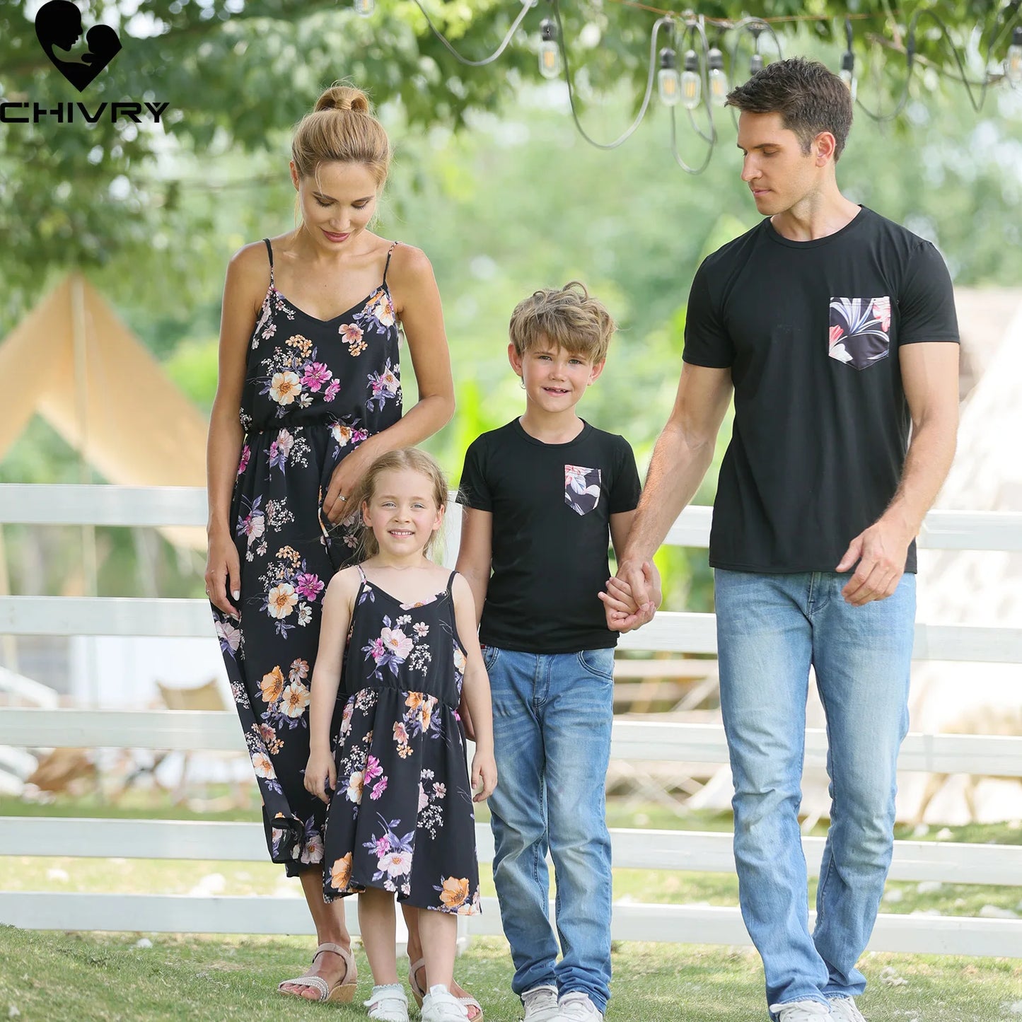 Family Holiday Wear Flower Print Mother, Father, Kids Matching Clothing Sets