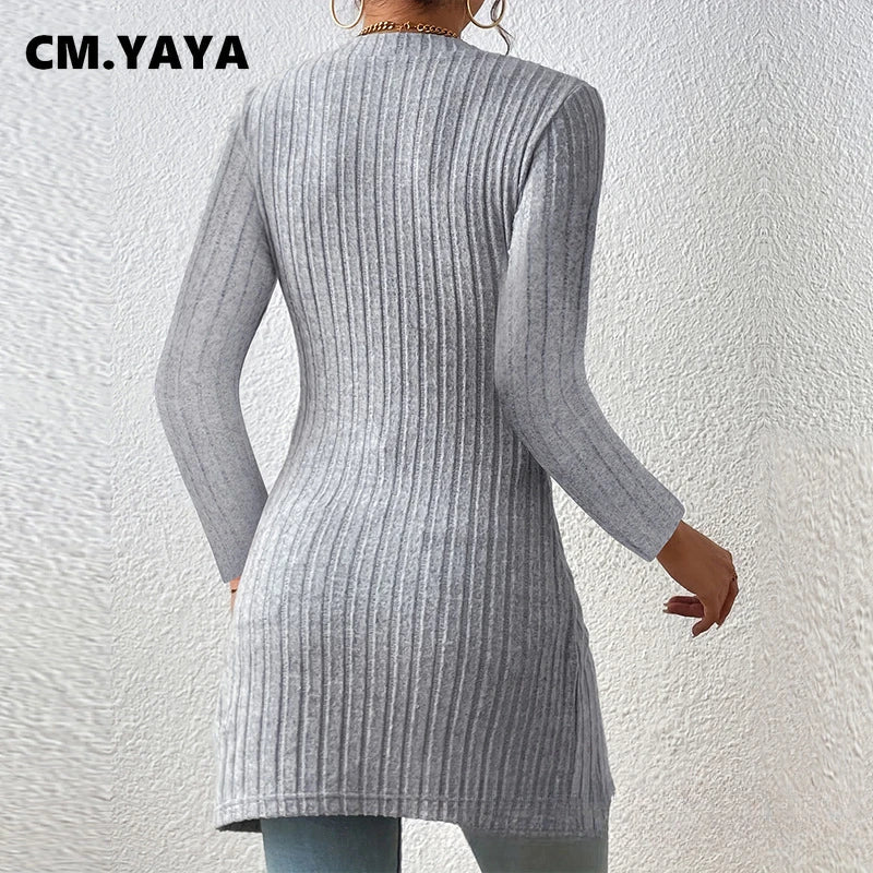 Women's Fashion Knit Ribbed Button U-neck Long Sleeve High Side Split Straight Pullover T-shirts