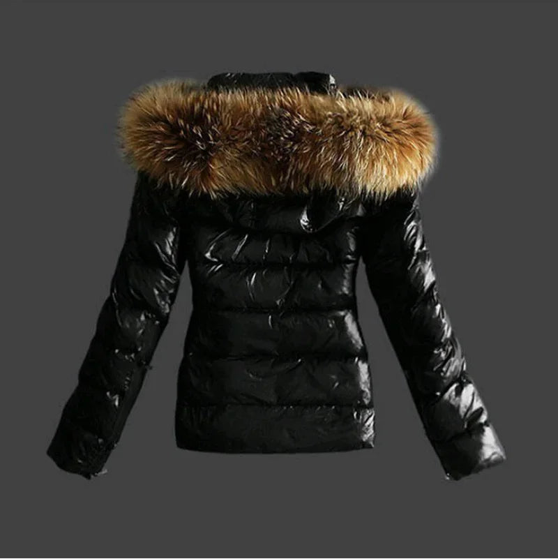 Women's Winter New Fashion Casual Slim Cotton Jacket Faux Fur Collar and Hooded Warm Leather Jacket with Zipper