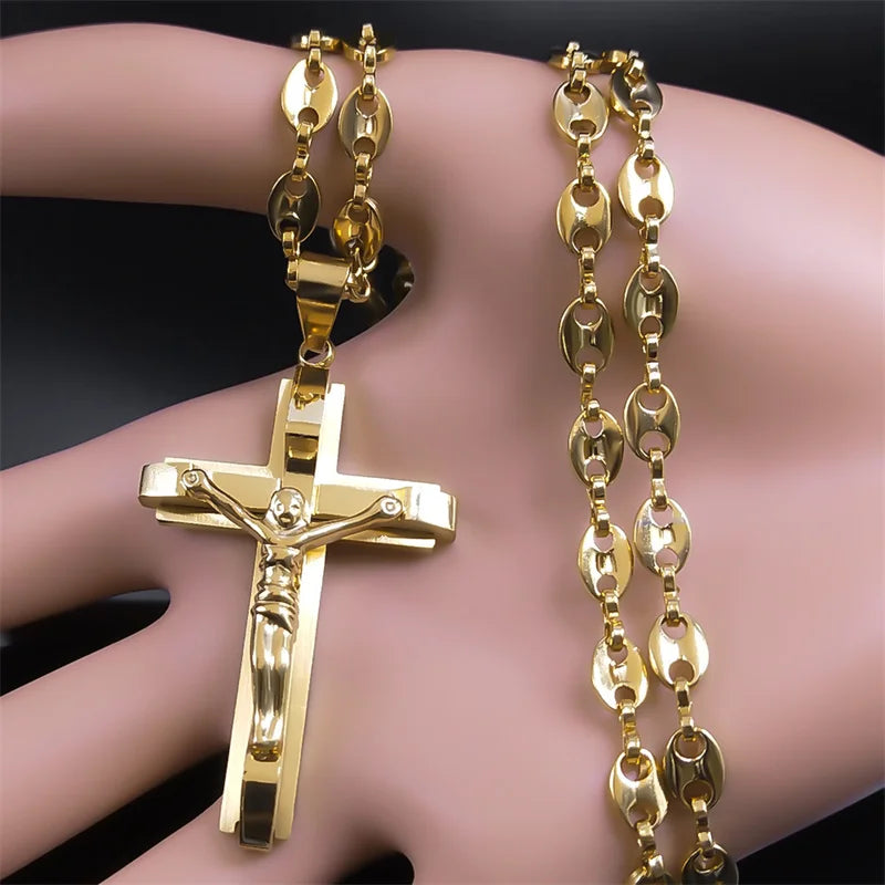 Jesus Cross Crucifix Pendant Necklace for Men Stainless Steel Gold Color Jewellery