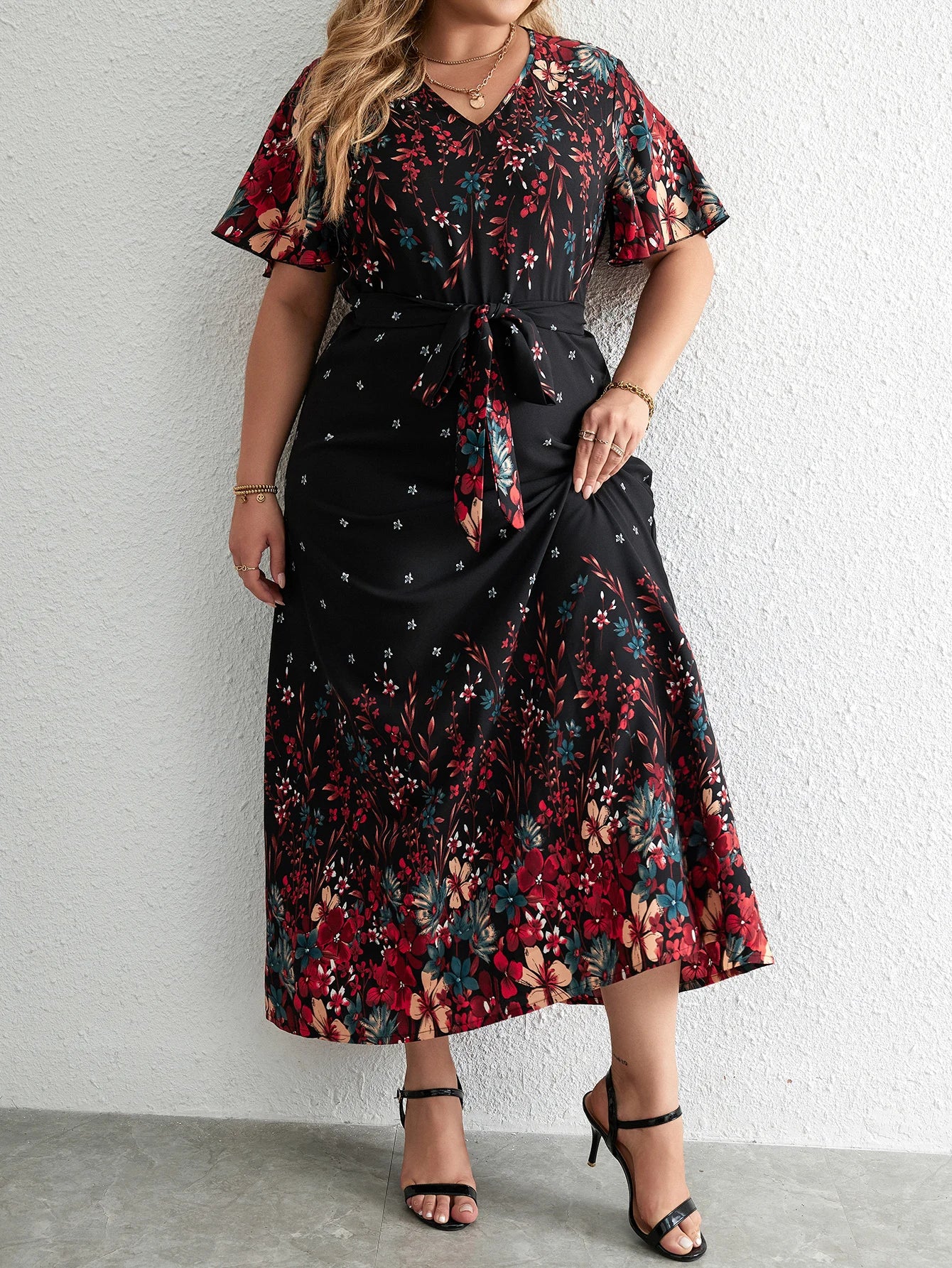 Plus Size Women's Summer V-Neck Short Sleeve Floral Print Long Dress