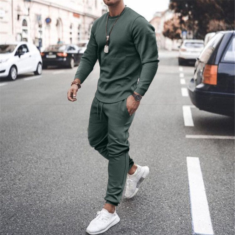 New Men's Tracksuit Casual Solid Sports Set Long Sleeved  2 Pieces Set Fashion Brand Jogger Fitness Sportswear