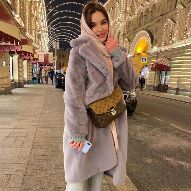 Luxury Winter Long Overcoats Women Oversized Lapel Belted Faux Rabbit Fur Coat Jacket for women