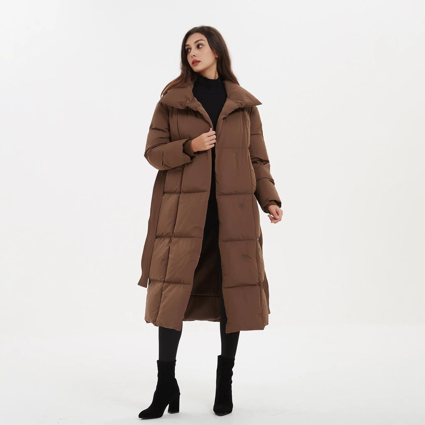 Thick Loose Parkas Fashion Solid Covered Button on Elegant Tie Belt Long Cotton Jackets for Women.