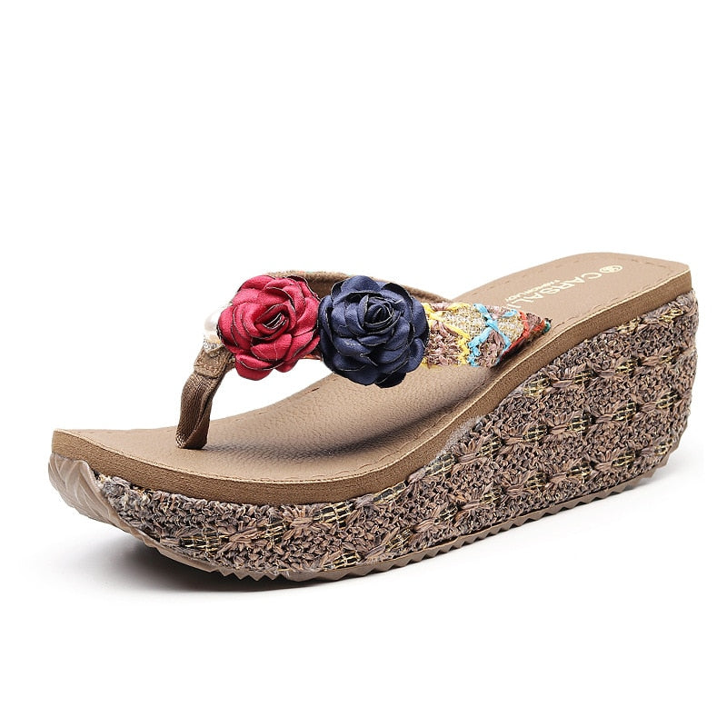 High Heel Women Wedge Non-Slip Outdoor Slipper Summer Beach Shoes Floral Flip-Flop Ladies Sandals